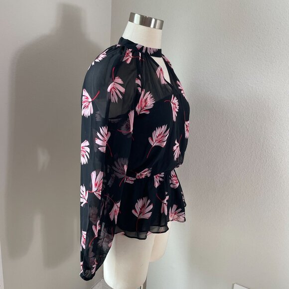 NEW Express Womens Small Floral Chiffon Blouse Long Sleeve Peplum Shirt Top - Picture 3 of 8